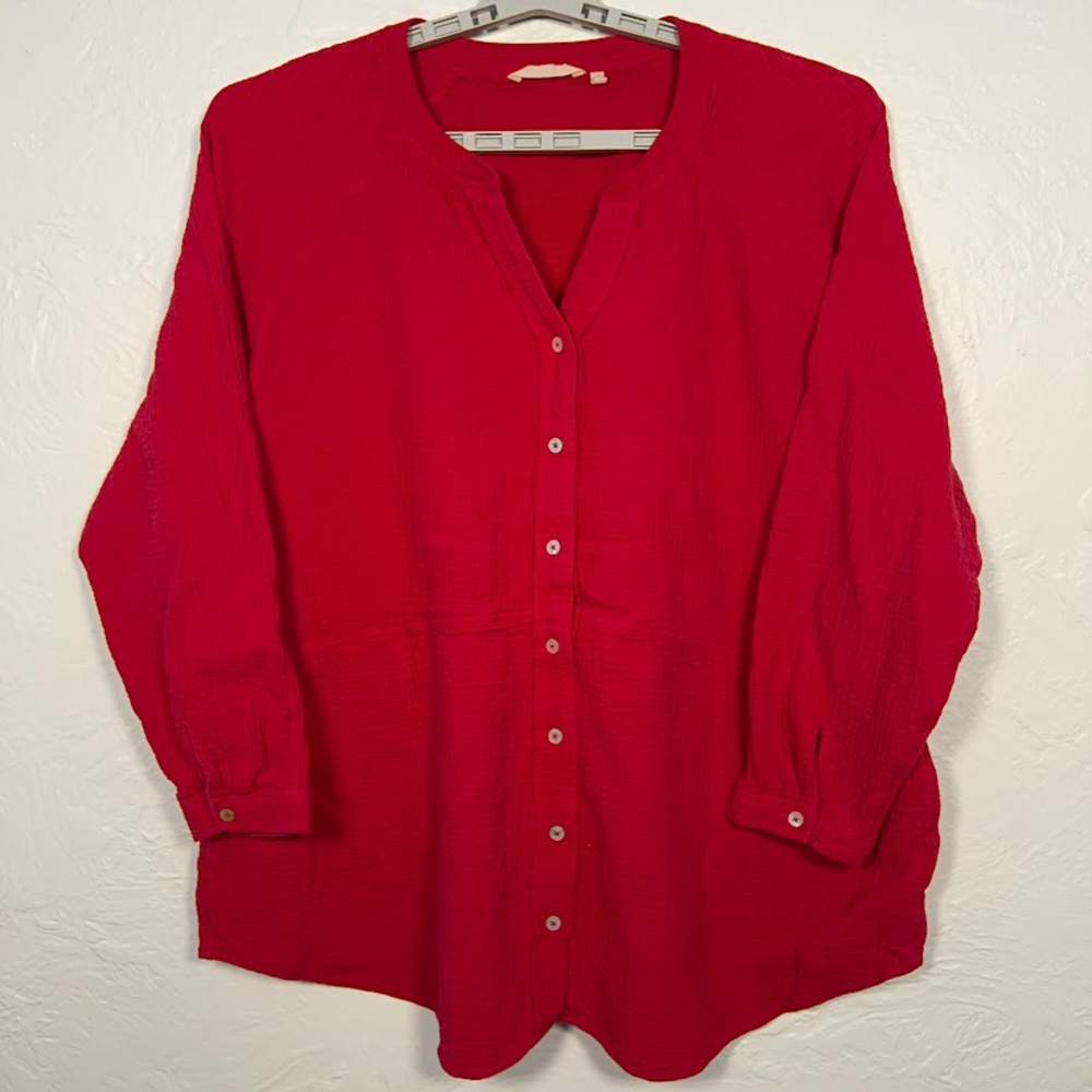 Soft Surroundings Bar Harbor Gauze Top Women’s 3X Red Cotton Button Shirt Tunic